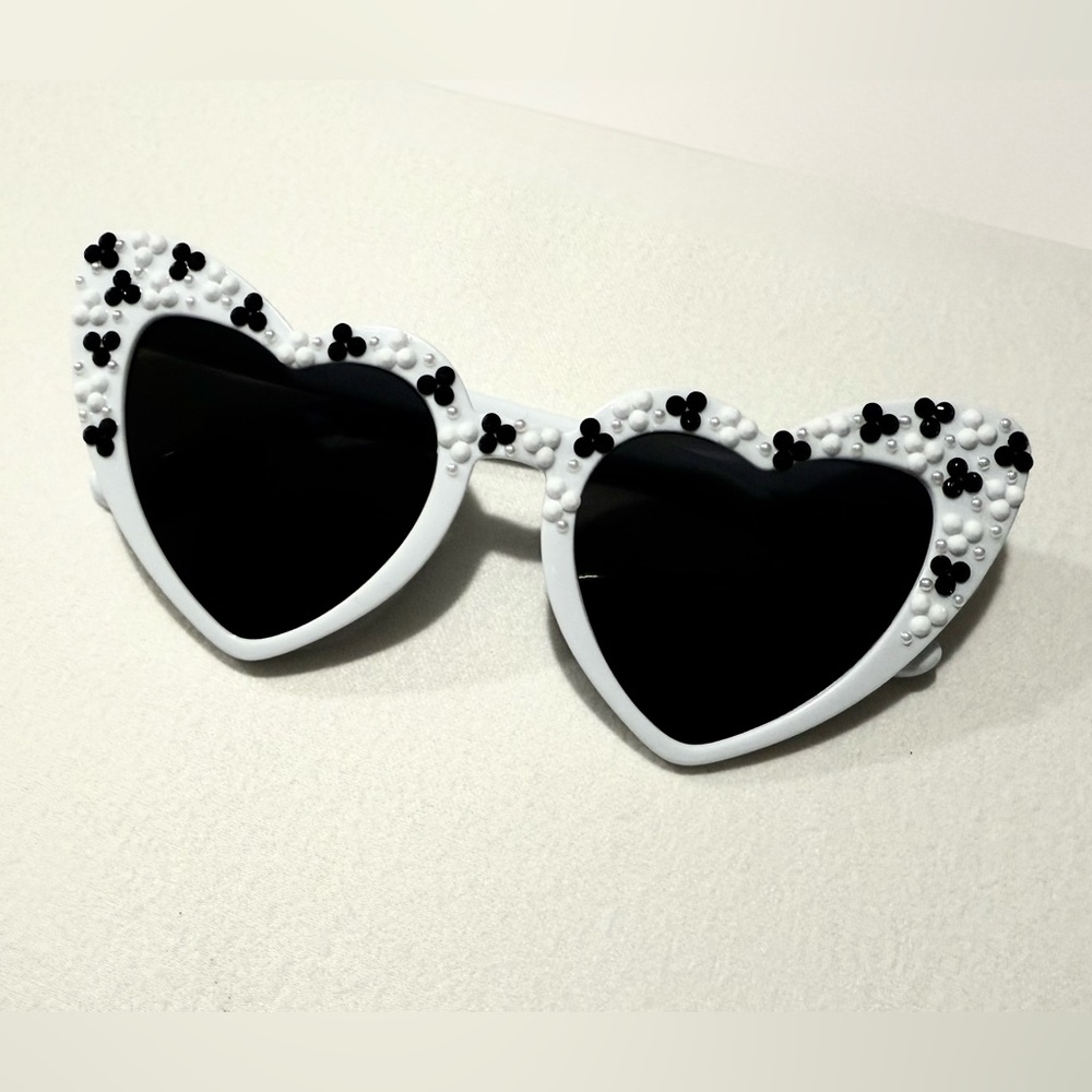 Heart-Shaped Sunglasses with Pearls and Black and White Accents